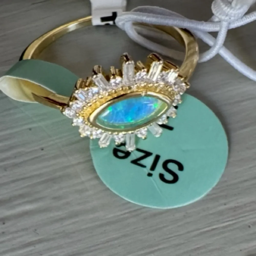 NWT Vintage Genuine Opal Solid Sterling Silver Gold Over Evil Eye Ring Size 7